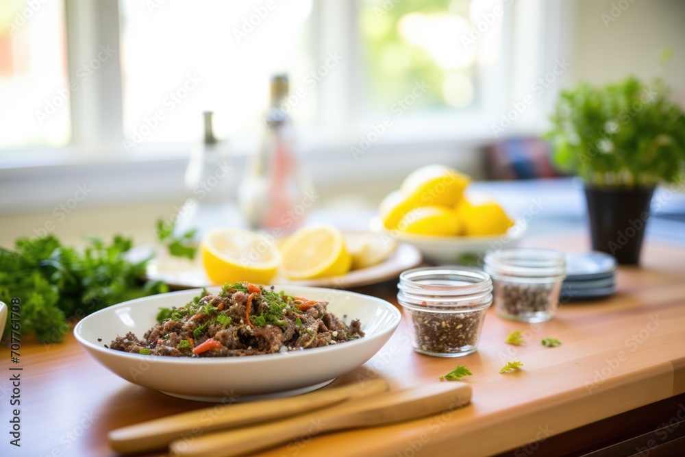 tapenade with lemon zest garnish, bright kitchen setting tapenade with lemon zest garnish, bright kitchen setting