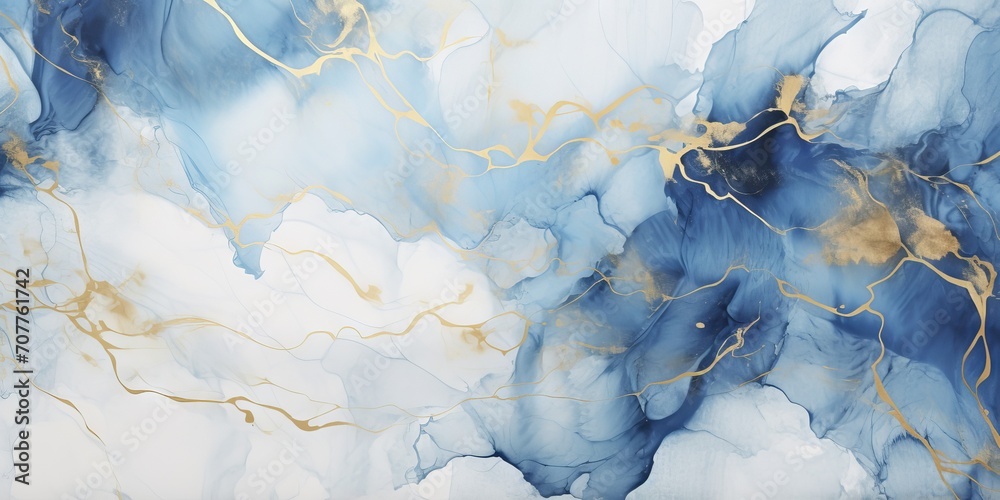 Fototapeta premium Blue and gold watercolor painting with marble effect and metallic accents for elegant wallpaper design