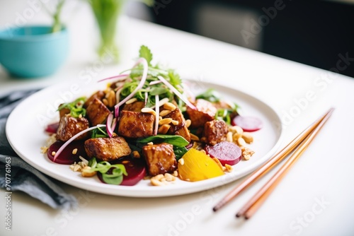 tempeh and roasted beet salad with balsamic glaze