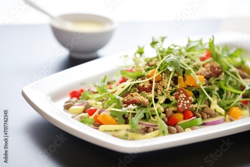 close-up of three bean salad with dressing drizzle