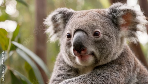 Portrait of a cute koala on a tree  blurred background