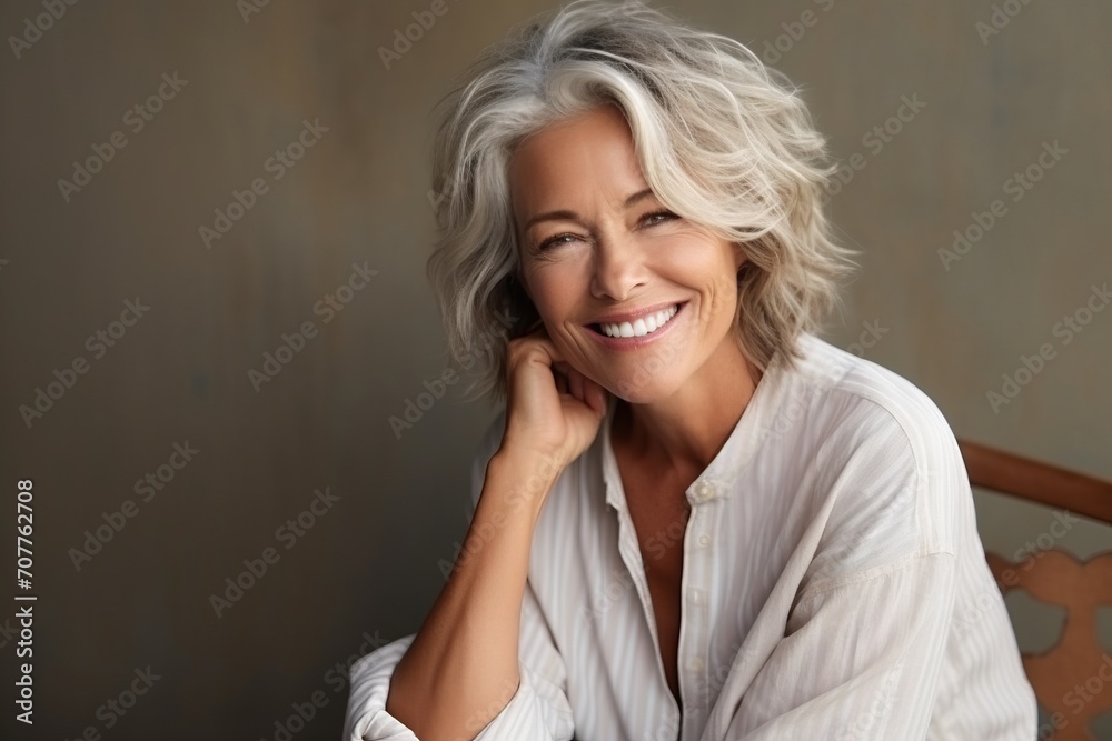 Portrait of beautiful middle-aged woman smiling and looking at camera Portrait of beautiful middle-aged woman smiling and looking at camera