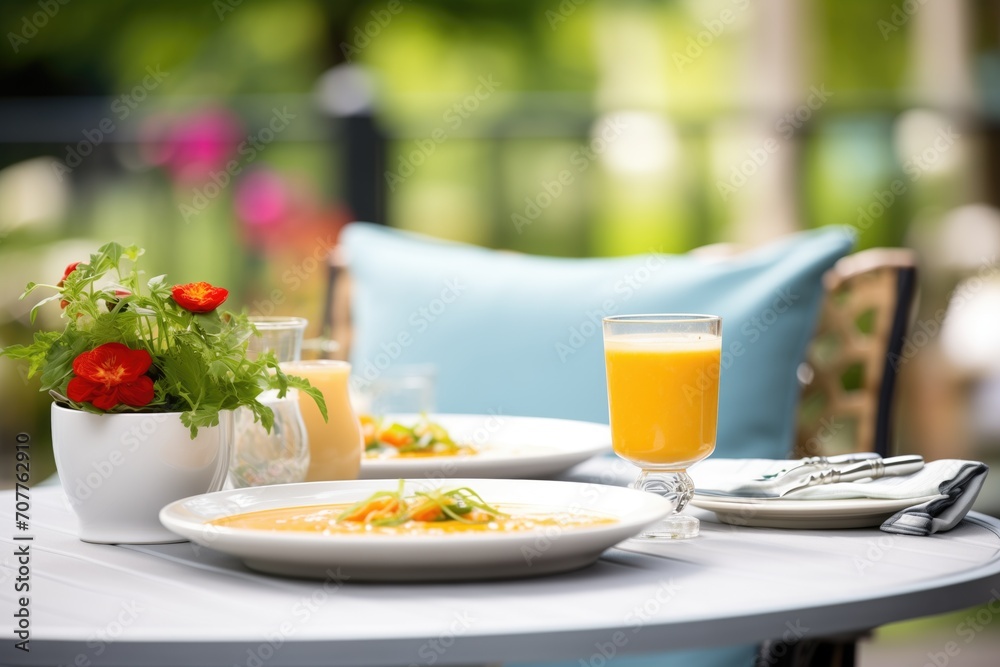 outdoor table setting with tomato basil soup, and summer garden in the background outdoor table setting with tomato basil soup, and summer garden in the background