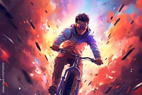 Young man riding a bicycle with a colorful energy, digital art style, illustration painting © Ameer