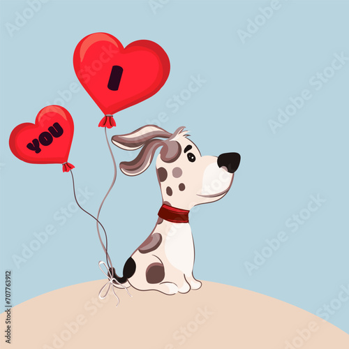 Cute vector illustration with cartoon dog and balloon hearts