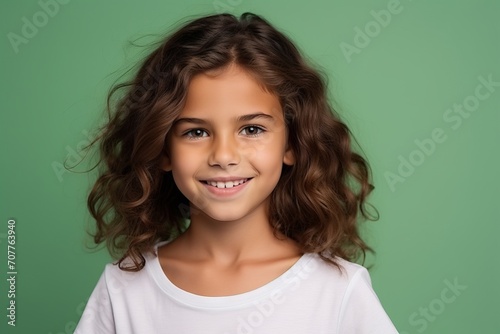 Portrait of cute little girl with long curly hair on green background