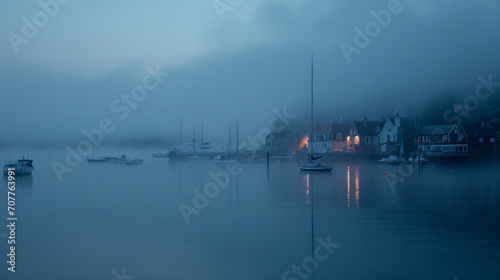 A dense fog engulfing a coastal village with the outlines of buildings and boats barely visible.