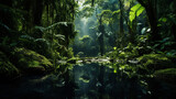 A dense rainforest with a variety of exotic wildlife and lush vegetation.
