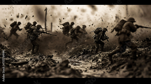 A depiction of a trench warfare scene from World War I with soldiers in muddy trenches under heavy fire. photo
