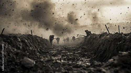 Photographie A depiction of a trench warfare scene from World War I with soldiers in muddy trenches under heavy fire