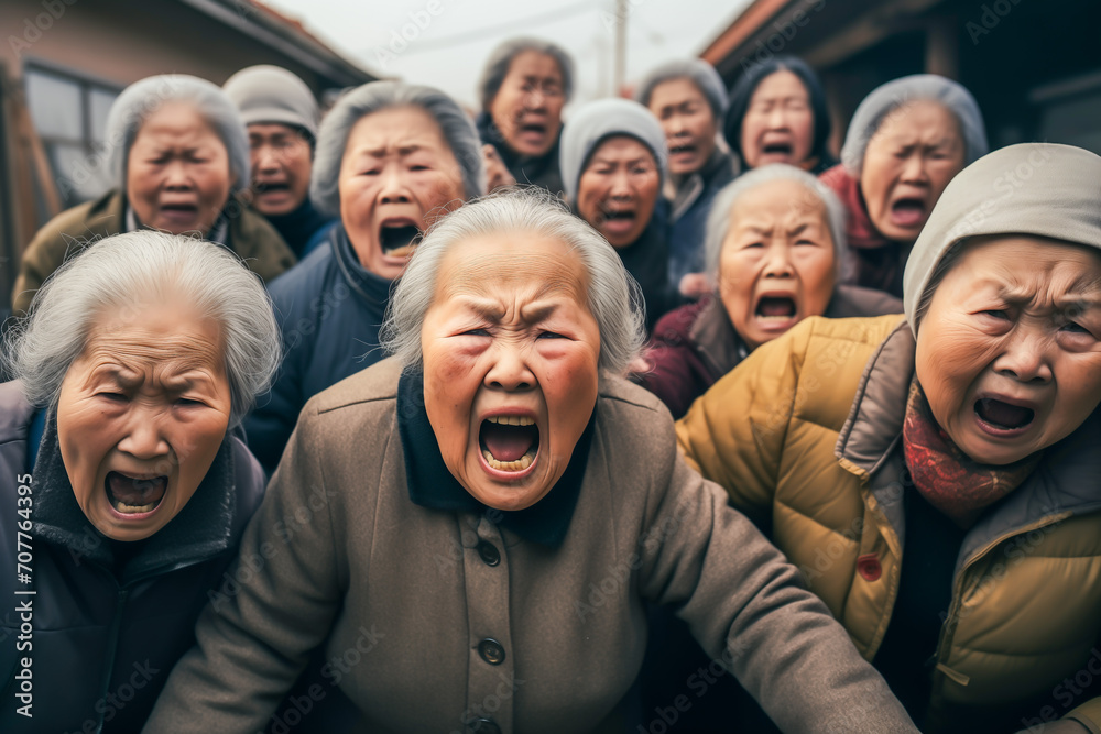 Group of elderly angry asian women, closeup