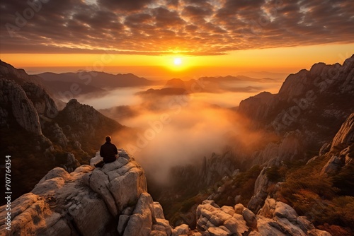 Mesmerizing Mountain Panorama. Man Captivated by the Majestic and Picturesque Landscape