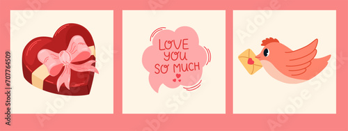 Valentines Day card set. Speech bubbles with compliment phrases, box of chocolates, pigeon with a letter. For website banner, Sale, Valentine card, cover, flyer or poster trendy vector illustration