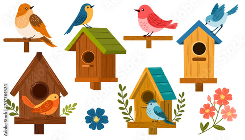 Bird houses set vector illustration. Birdhouse with a bird, homemade nests, feeders and homes, for summer and spring birds. Cartoon cute colorful birdhouses collection, feeder on garden tree photo