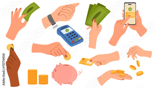 Hands holding money set. Coins  cards and cash on fingers and palms  bank cards  paying  counting  giving currency. Finance  investments and donation concept. Finance flat vector illustration