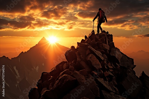 Triumph of determination. Climber conquers challenging mountain as sun sets. Ample copy space.