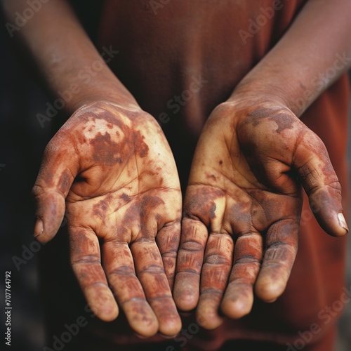 Hands of a man suffering from leprosy. Close-up. World Leprosy Day. Poor people of India. Hansen's disease photo