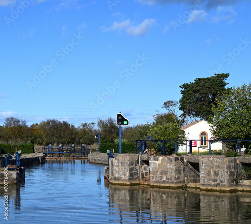 Bagnas Lock on the Canal du Midi near Town Agde, France
