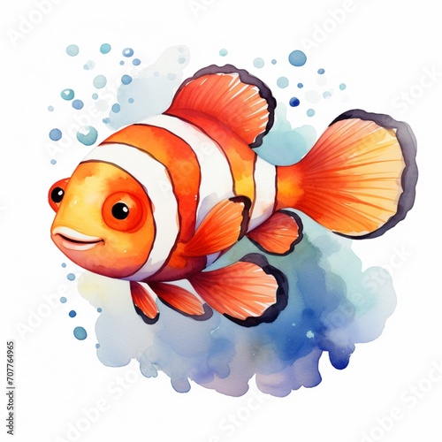 Cute clownfish nursery white background watercolor image Ai generated art