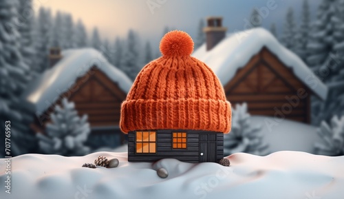 House wearing a knitted hat, representing a smart heating system in cold weather. Emphasizing home heating, cost savings, and energy efficiency through effective insulation.