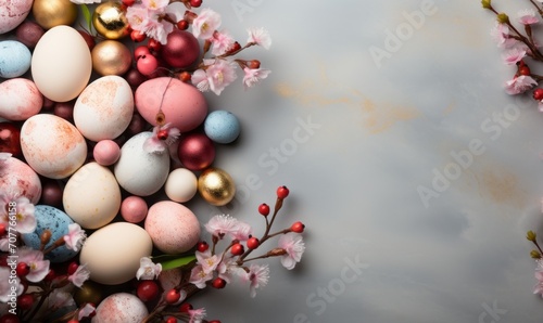 Easter banner in pastel colors with eggs, flowers and empty space generated AI