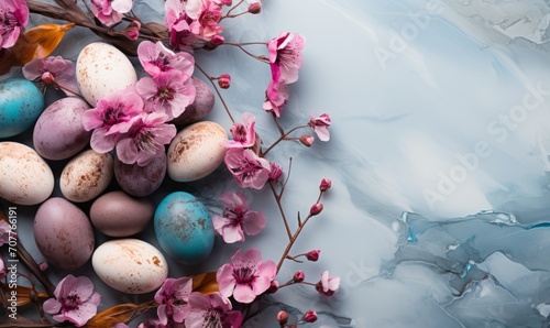 Easter banner in pastel colors with eggs, flowers and empty space generated AI