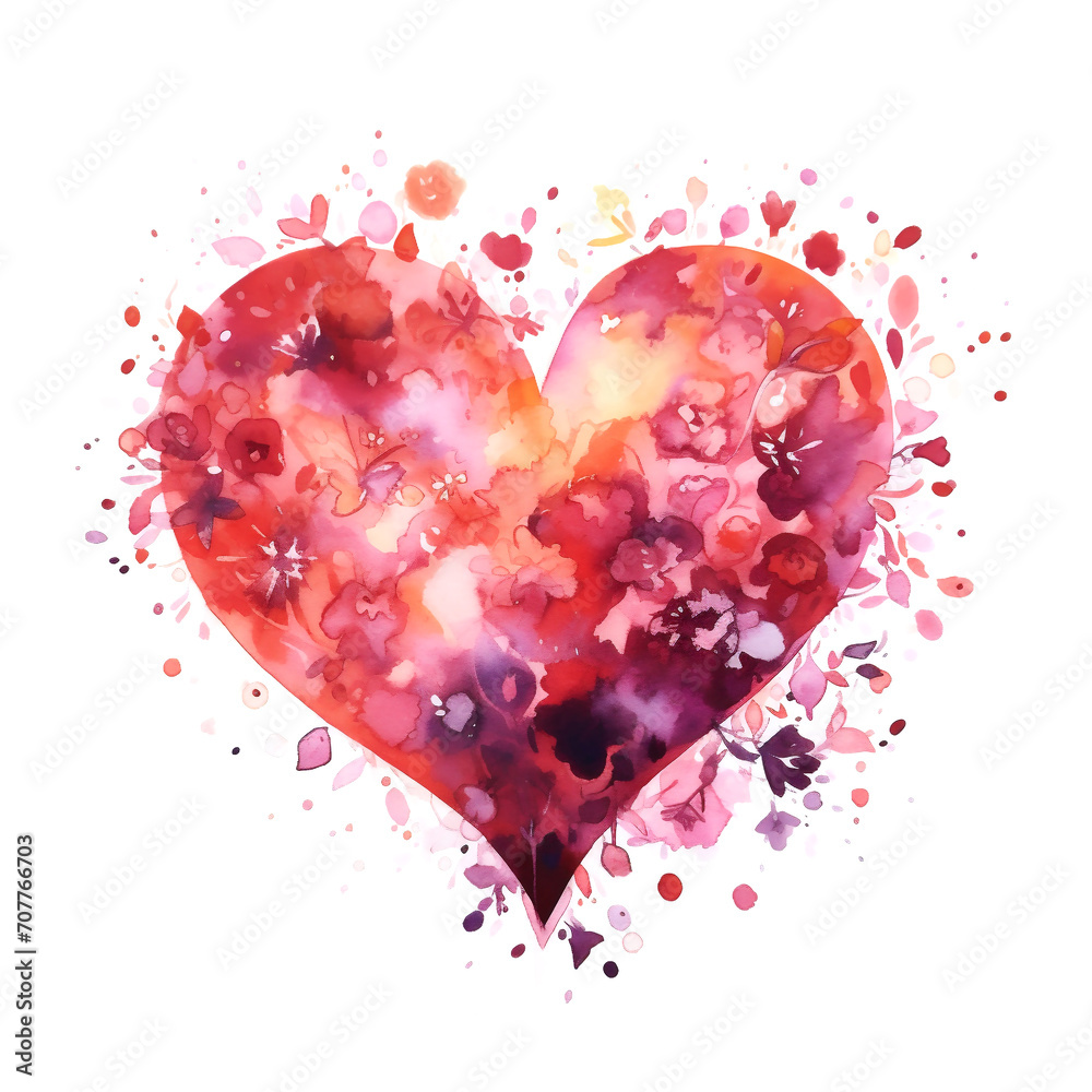 Watercolor  heart with blooming expression isolated on white.