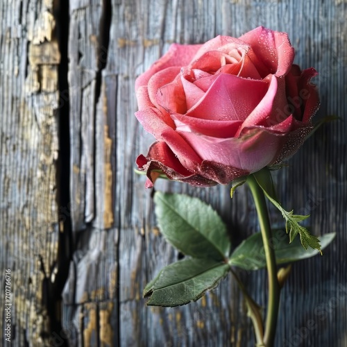 Celebrate St. Valentine s Day with the elegance of a pink rose on an antique wooden background.