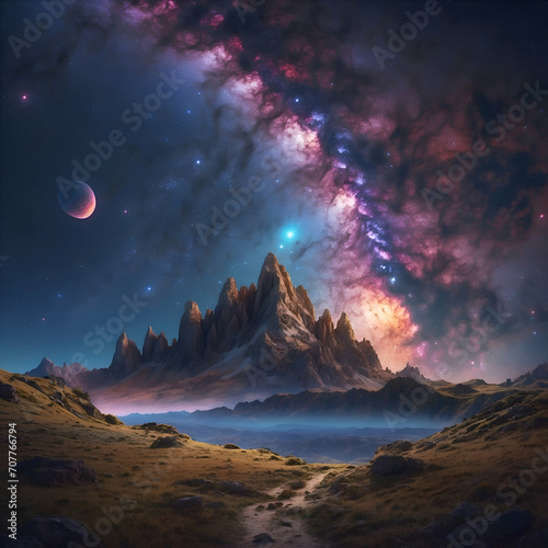 Mountains galaxy full of colors vibrant epic composition 