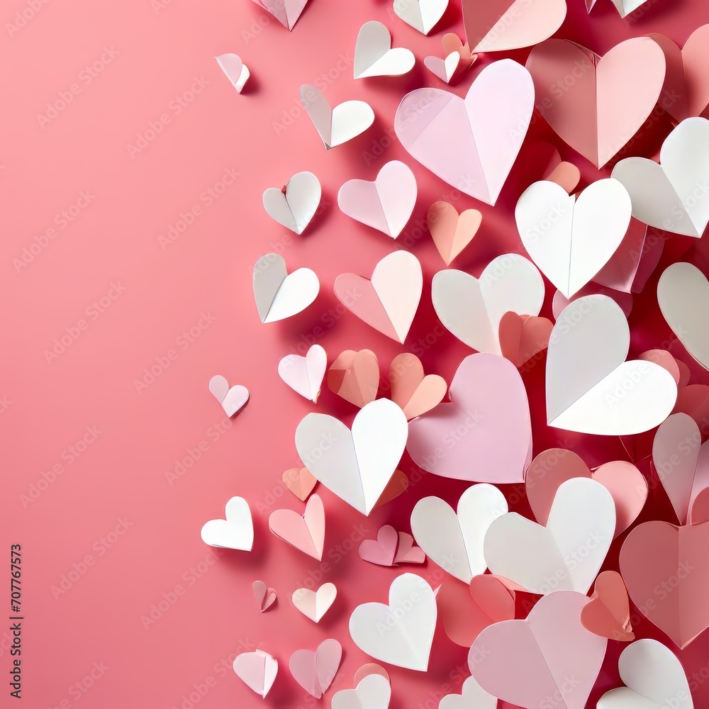 On a soft pink background, a plethora of paper hearts forms a charming Valentine's Day setting.