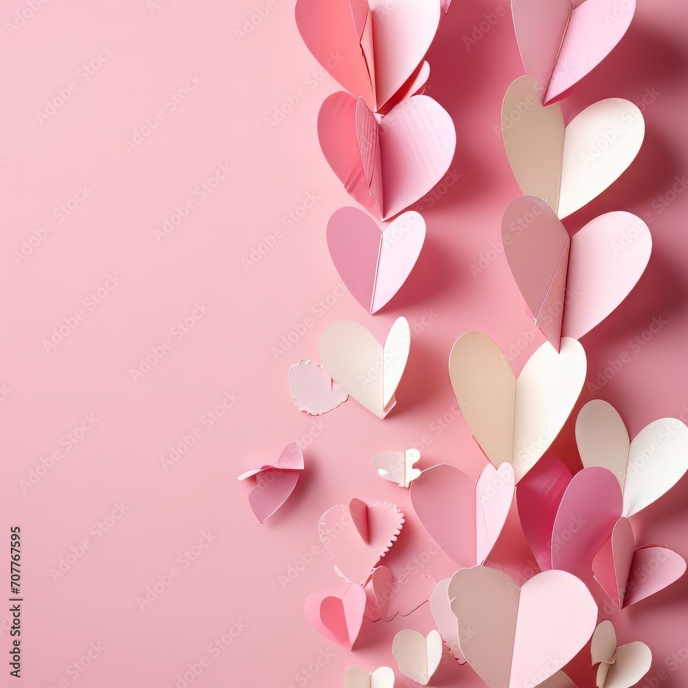 Many different paper hearts adorn the background, creating a Valentine's Day scene on a soft pink canvas.