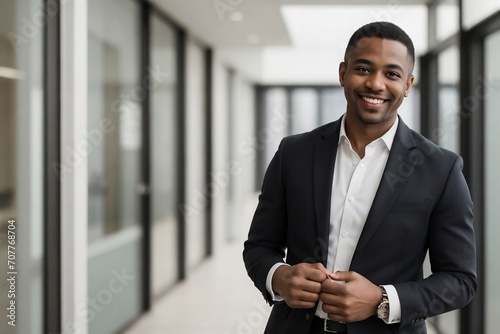 Professional black businessman smiling and looking at the camera against blurred outside office building background with copy space. photo