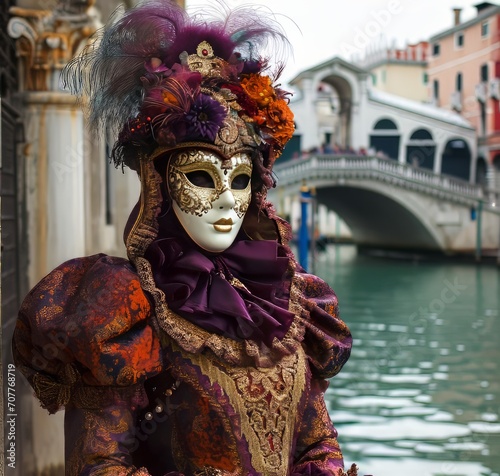 Photo during the Venice Carnival by incorporating a charming canal, historic bridge, or an ornate Venetian backdrop for added depth and context.