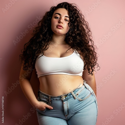 A girl with captivating features and curly dark hair has undergone weight gain, particularly in her lower belly and thighs. photo