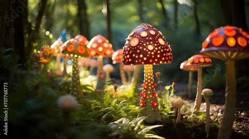 fly agaric mushroom in the forest, colorful mushrooms in the forest