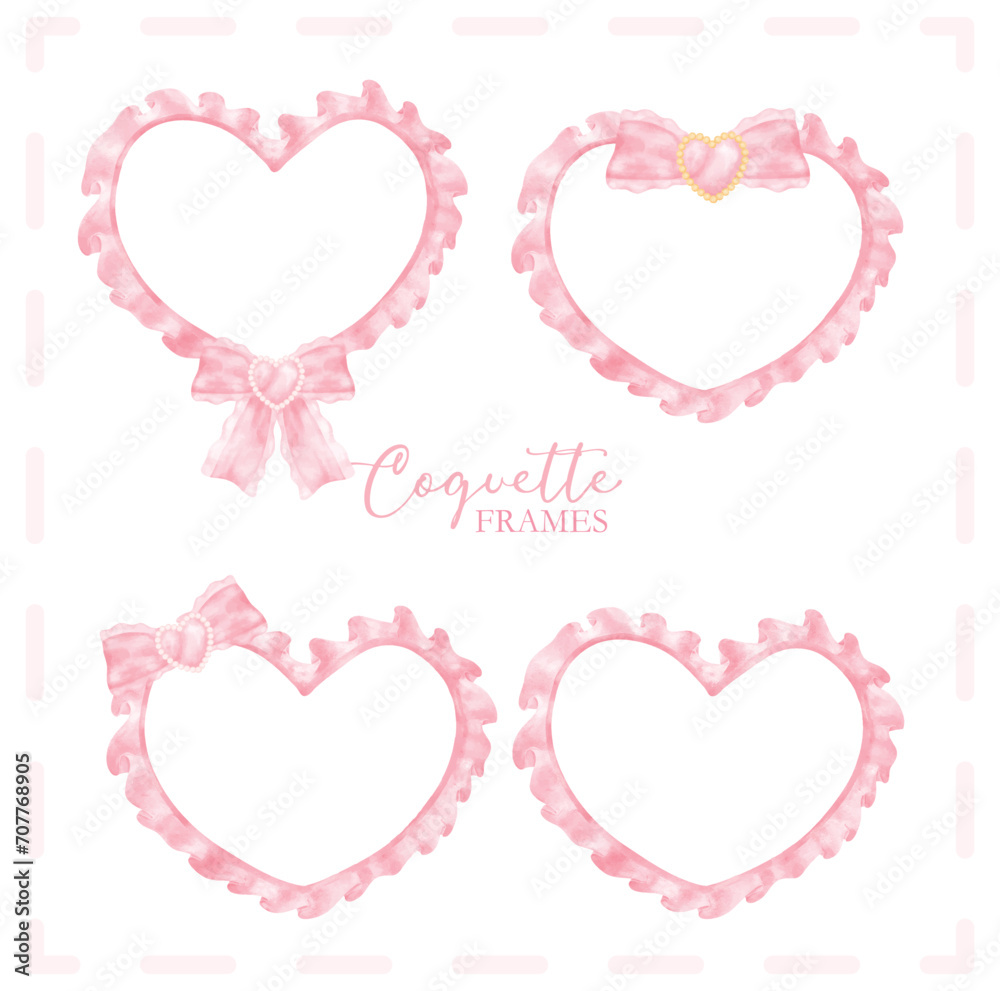 Cute coquette aesthetic pink frame heart shape with ribbon bow in vintage style watercolor collection.