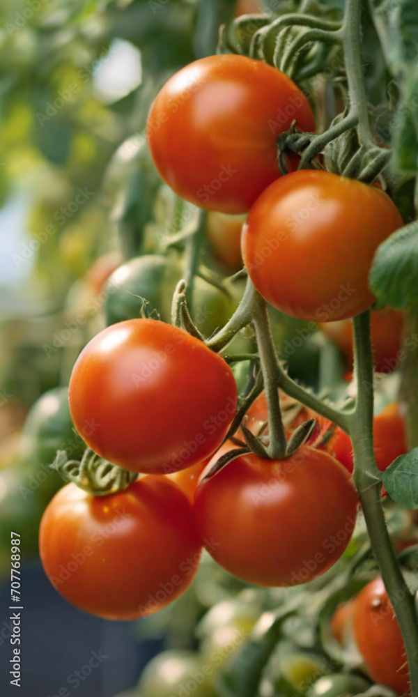 Closeup of big bunch of ripe red tomatoes growing at garden