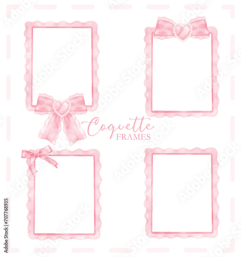 Cute coquette aesthetic pink frame rectangle shape with ribbon bow in vintage style watercolor collection. photo