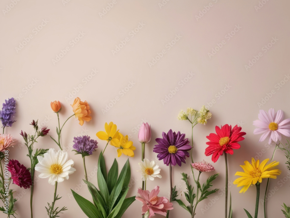 Flat lay of vibrant flowers arrangement on a pink background Flat lay of vibrant flowers arrangement on a pink background