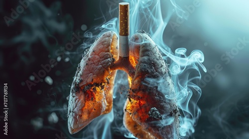 Aftermath of smoking – ruined lungs struggle for breath, trapped in the destructive embrace of cigarettes.