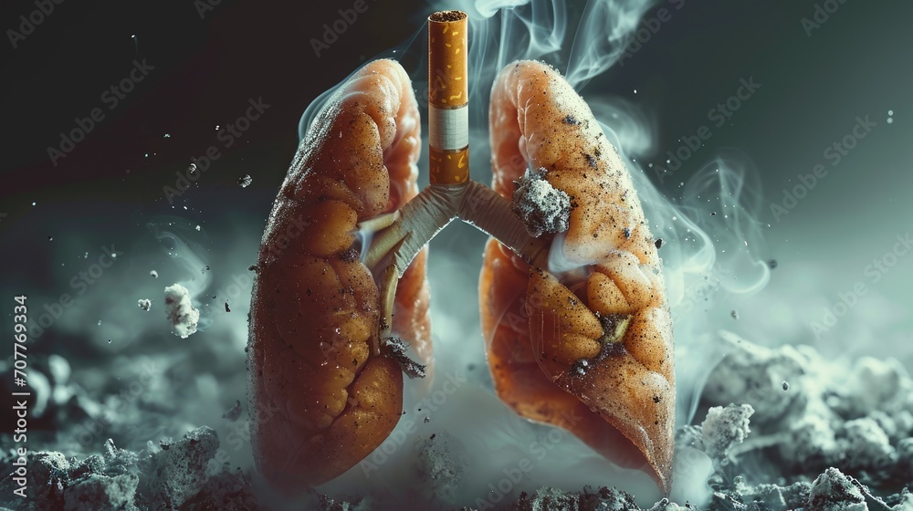 Aftermath of smoking – ruined lungs struggle for breath, trapped in the destructive embrace of cigarettes. - obrazy, fototapety, plakaty 