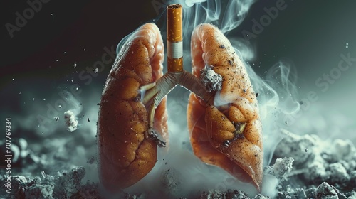Aftermath of smoking – ruined lungs struggle for breath, trapped in the destructive embrace of cigarettes.