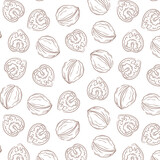 Walnut line art style seamless pattern. Hand drawn nuts illustration for print, fabric, textile, wrapping, menu, food store. Vector illustration on a white background.