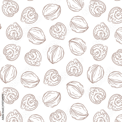 Walnut line art style seamless pattern. Hand drawn nuts illustration for print, fabric, textile, wrapping, menu, food store. Vector illustration on a white background.