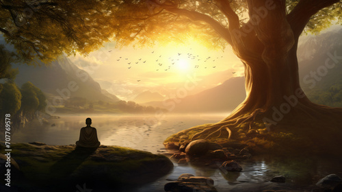 Serene landscape at sunrise a meditator sitting crops © Salman