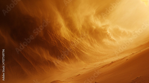 A fierce sandstorm sweeping across a desert with towering sand walls and reduced visibility.