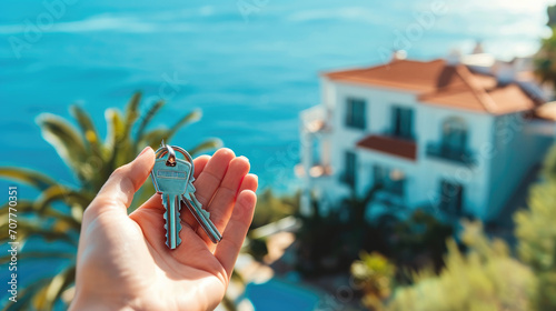 Real estate agent, home keys in a hand on background of villa or house with big pool surrounded by the sea and palm trees. Buy or rent a villa on ocean coast, removal to tropical country photo