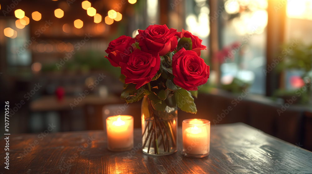 Crimson Symphony, The Passionate Ensemble of Red Roses Adorning a Rustic Wooden Stage