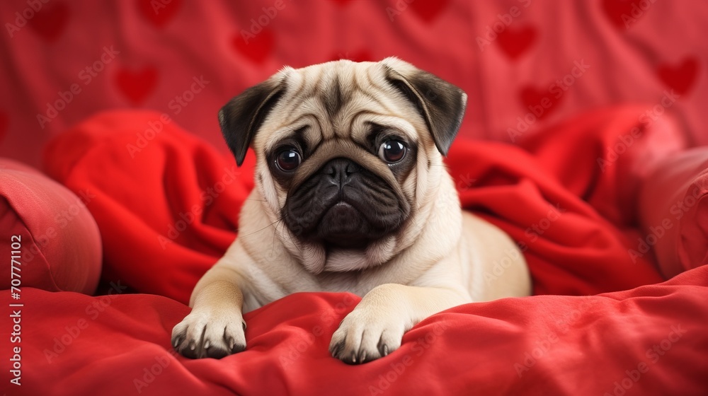 A charming cute pug puppy is lying on the bed on a red blanket. Valentines Day greeting card with a dog.