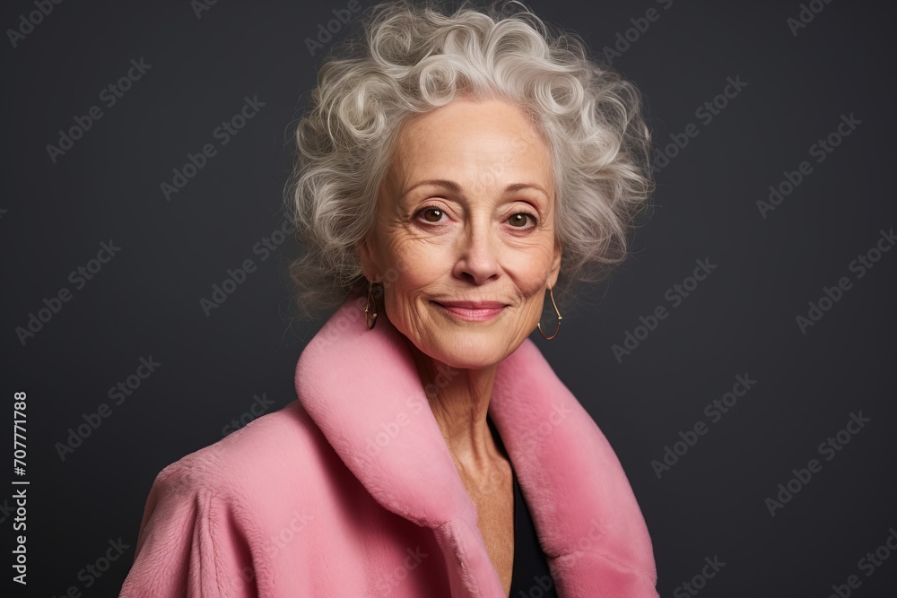 Portrait of a smiling senior woman in a pink fur coat.